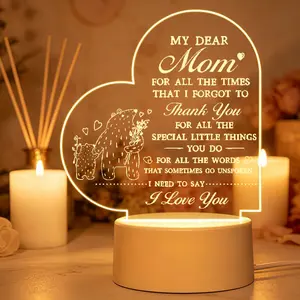 Gifts for Mom from Daughter Son, Engraved LED Night Light Mother's Day Gift, Heart Shape Acrylic Bear Pattern Night Lamp, Unique Sentimental Gift for Birthday Christmas Mother's Day