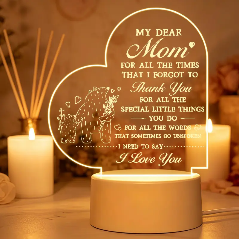 Gifts for Mom from Daughter Son, Engraved LED Night Light Mother's Day Gift, Heart Shape Acrylic Bear Pattern Night Lamp, Unique Sentimental Gift for Birthday Christmas Mother's Day