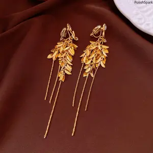 Clip-On Leaf Tassel Earrings for Women – Gold/Silver Plated Sparkly Fringe Earrings | Elegant Dangling Jewelry for Weddings, Parties & Evening Styling