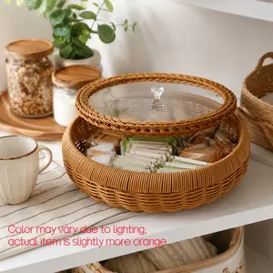 Handwoven Rattan Storage Basket with Clear Lid | Wicker Organizer Bowl for Snacks, Towels, Fruit & Farmhouse Home Decor organization multipurpose
