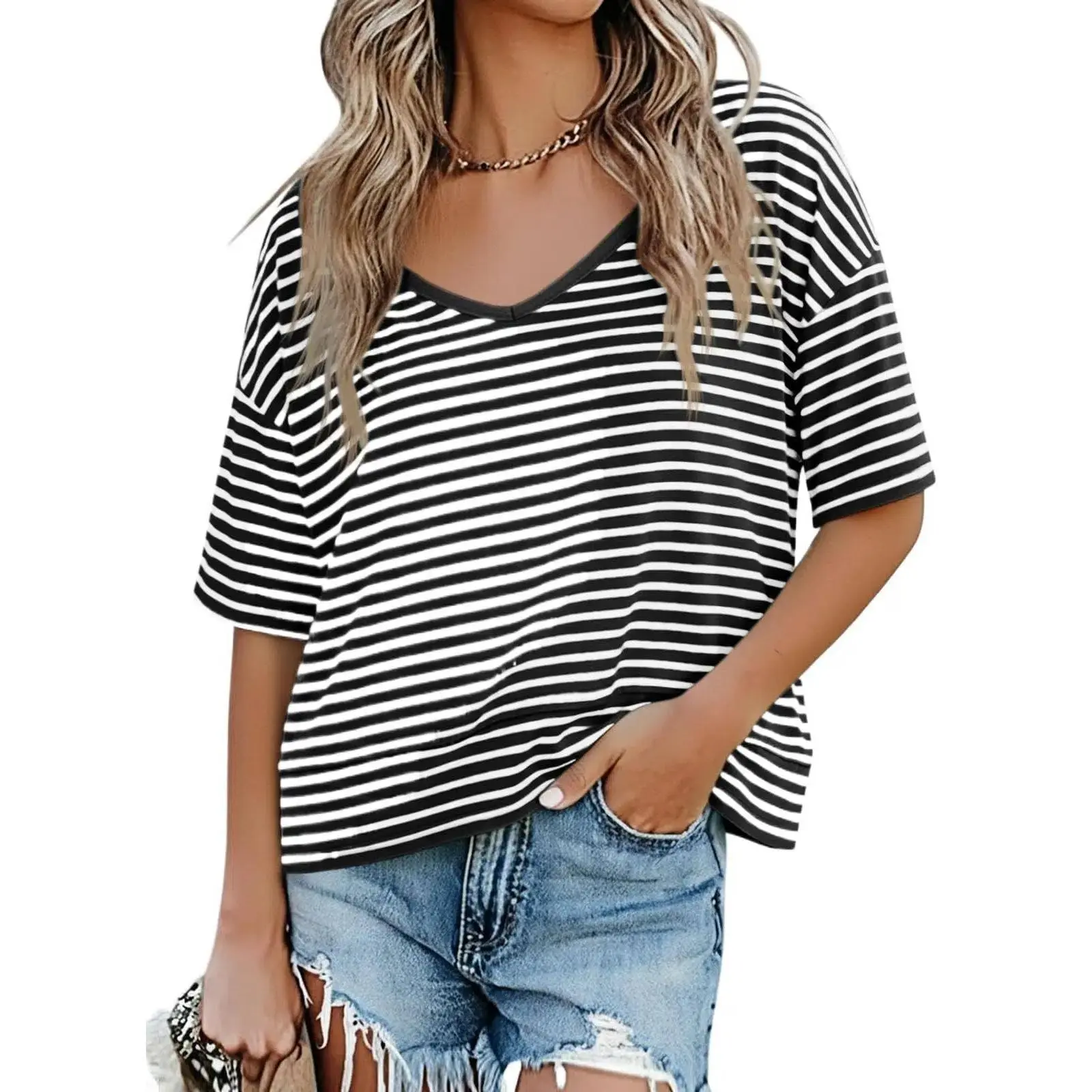Imily Bela Womens Summer V Neck T Shirts Casual Short Sleeve Flowy Tops Cute Loose Fit Basic Tees