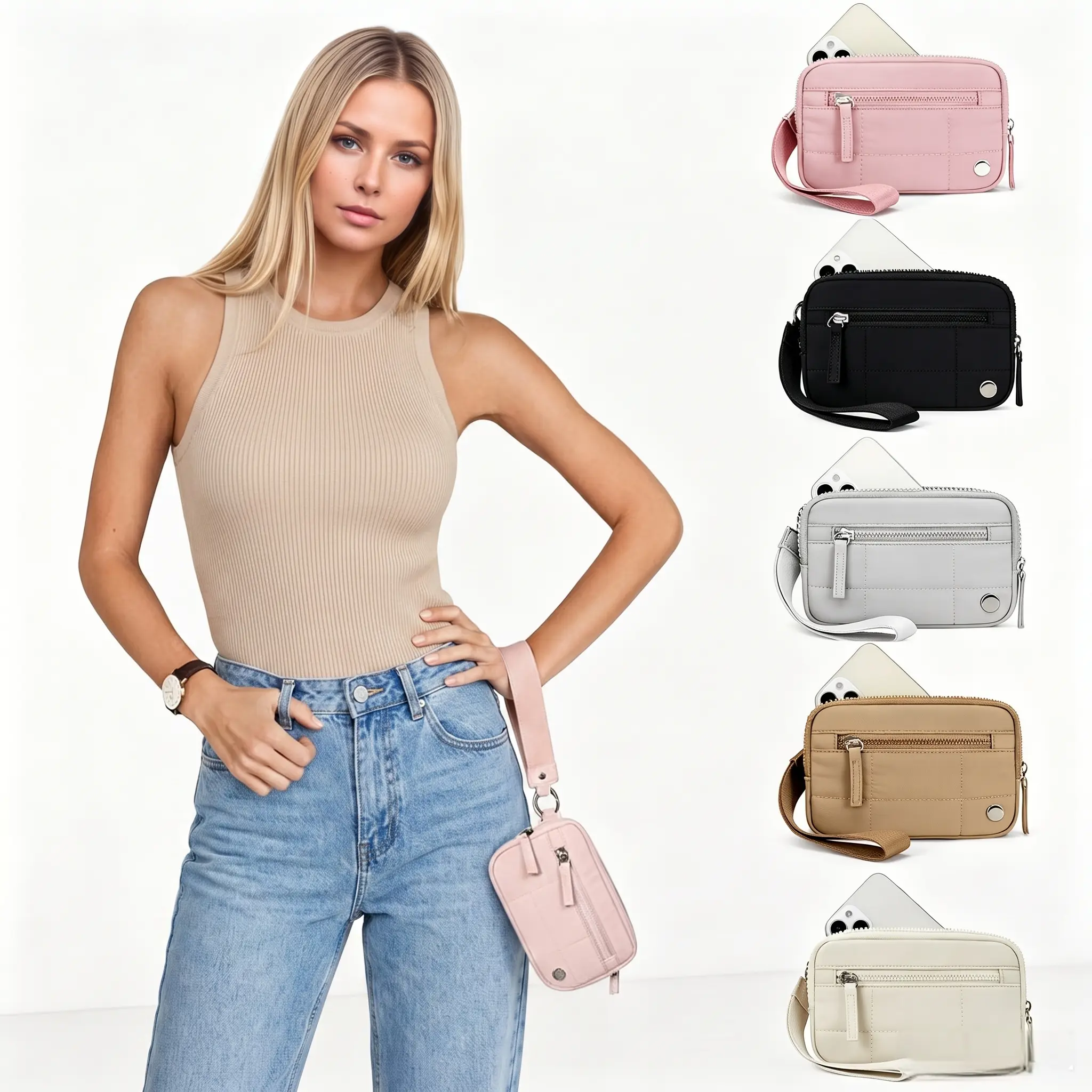 Women’s Quilted Nylon Wristlet Wallet - Lightweight Basic Holiday Travel Clutch with Credit Card Holder, ID Window, Coin Purse and Paper Money Storage