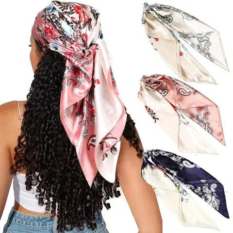 Women's 3-Piece 35*35 in Large Square Polyester Printed Silk-Like Headscarf Set - Fashion Hair Scarves, Auspicious Accessory for Wife's Anniversary (Versatile Head Wrap, Neck Scarf)