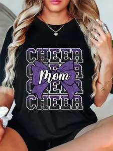 100% Cotton Unisex Cheer Mom Mama Bow Sport Cheerleader Cheerleading Purple T-Shirt