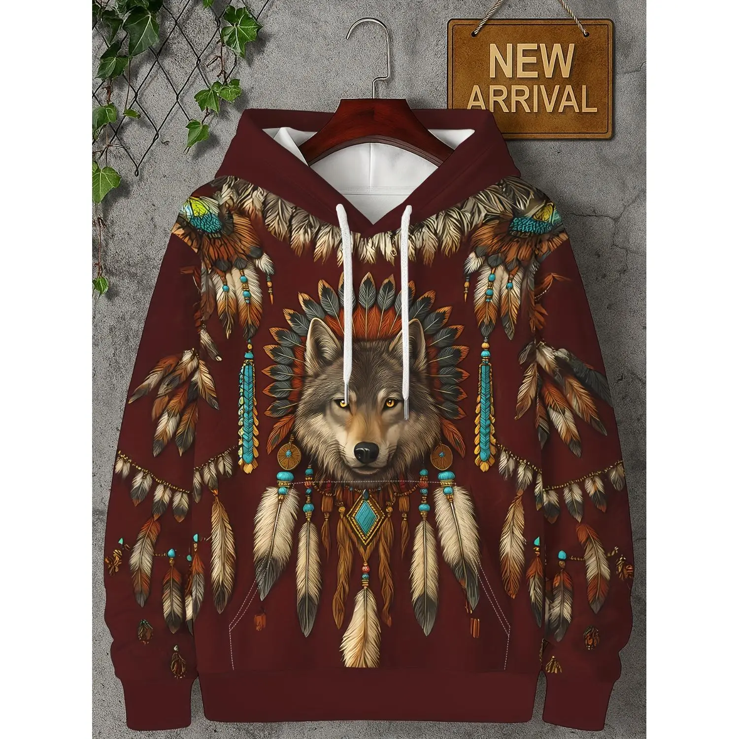 Men's 3D Tribal Wolf Hoodie with Feathers - Nature Lover's Spirit Sweatshirt with Pocket and Drawstring, Perfect for Festivals or as a Unique Gift