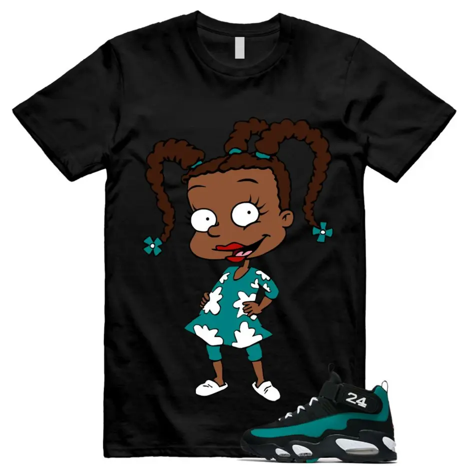Cute Cartoon Girl Graphic Tee, Black Teal Shirt to Match Sneakers, Unisex Streetwear T-Shirt, Funny Character Outfit Shirt