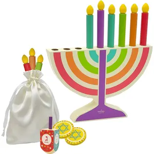 Mini multicolor Hanukkah menorah, 5-inch wooden Chanukah menorah set for children with removable wooden candles, 3-inch dreidel, and gelt coins