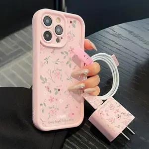 Floral Pattern Phone Case with Charger Saver, Decorative Phone Protector Cover, Phone Accessories Compatible with iPhone 11 12 13 14 15 Pro Max