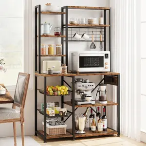 7-Tier Bakers Rack with Built-In Power Outlet and Wire Basket, Microwave Stand, Coffee Station with 4 S-Hooks, and Open Kitchen Storage Shelves for Spices and Cookware