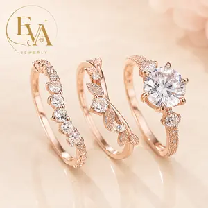 EVA 3Pcs 14K Gold Plated CZ Leaf Rings for Women, Vintage Stackable Ring Set, Dainty Promise Bands, Wedding Anniversary Jewelry, Birthday Gift for Her