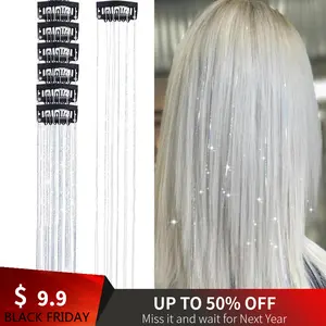 Hair Tinsel 20 Inch Glitter Silver Clip in Tinsel Hair Extensions, Party Dazzle Hair Accessories Strands Kit Halloween costume Halloween Themed Headband Set