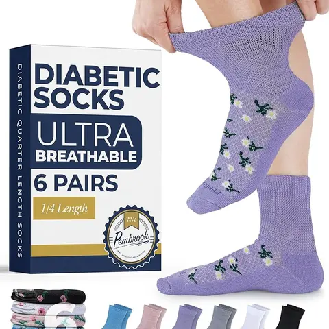 PEMBROOK Ultra Breathable Diabetic Socks for Women and Men  - 6-Pack Ankle Socks, Non-Binding Top, Ultra Stretchy, Smooth Toe for Neuropathy