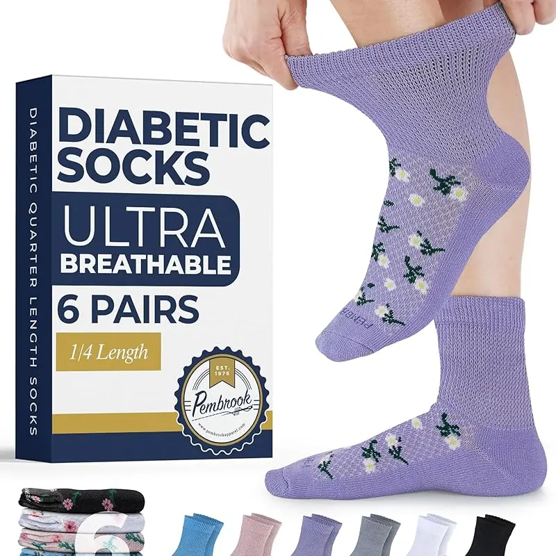 PEMBROOK Ultra Breathable Diabetic Socks for Women and Men - 6-Pack Ankle Socks, Non-Binding Top, Ultra Stretchy, Smooth Toe for Neuropathy