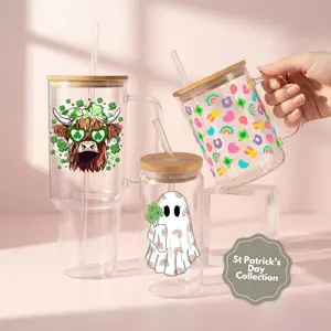 Sip-Sip Hooray! St. Patrick’s Day Collection  – Shamrock Iced Coffee Tumbler with Lid & Plastic and Glass Straws, Irish Drinkware, Reusable Lucky Clover Cup Water Bottle