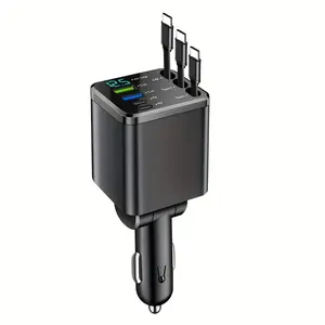Car Mobile Phone Charger Retractable Car Charger Fast Charging with 3 Retractable Cables Multi Direction Adjustable 180 Degree Car Power Adapter LCD Voltage Display Dual USB and Type C Ports for iPhone Samsung Android Tablet GPS Dash Cam Universal Car Acc