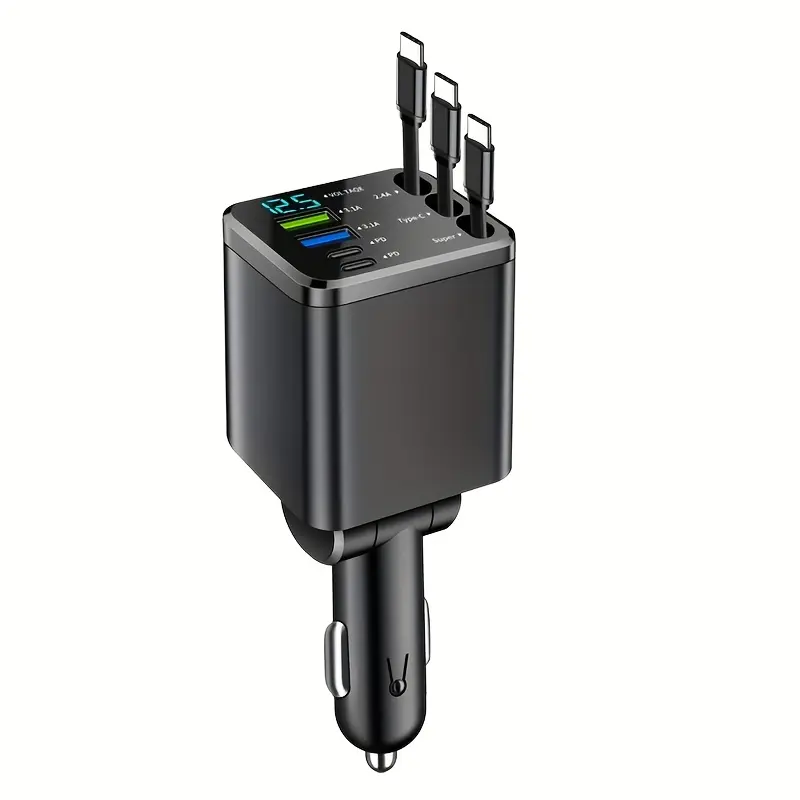 Car Mobile Phone Charger Retractable Car Charger Fast Charging with 3 Retractable Cables Multi Direction Adjustable 180 Degree Car Power Adapter LCD Voltage Display Dual USB and Type C Ports for iPhone Samsung Android Tablet GPS Dash Cam Universal Car Acc