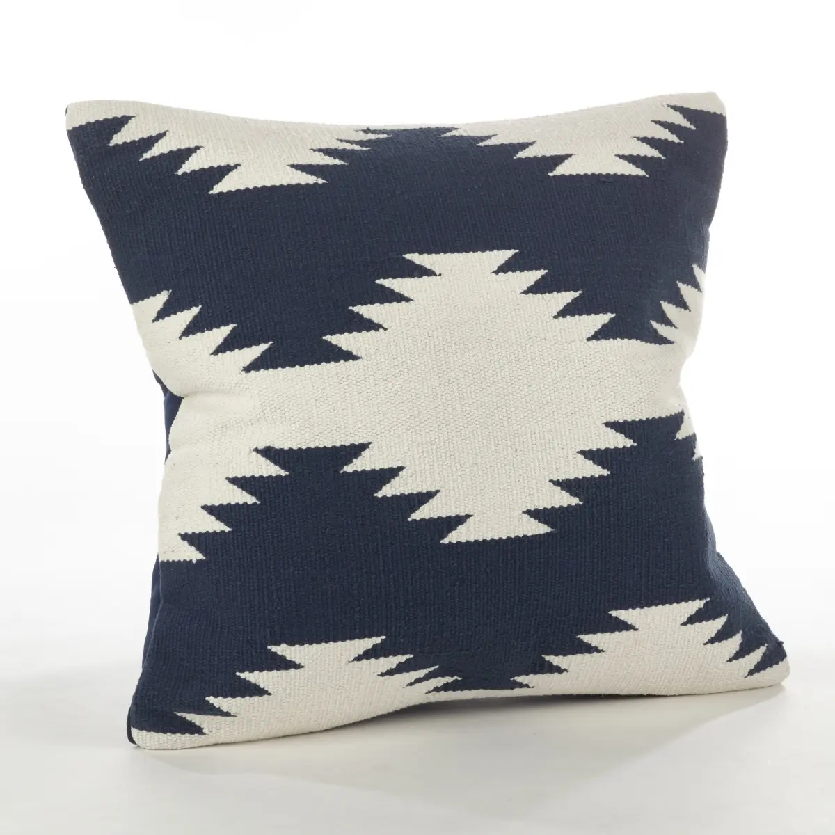 SARO Decorative Throw Pillow, 20 in. Square Kilim Design, 60% Wool & Cotton, Contemporary Style, Down-Filled, Navy Blue with Decorative Beaded Design