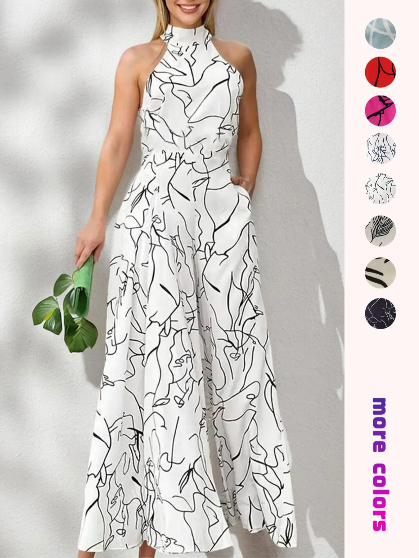 Women's All Over Print Pocket Tie Back Halter Jumpsuit, Casual Sleeveless Wide Leg Jumpsuit For Summer, Fashion Ladies Clothes For Beach Holiday Vacat