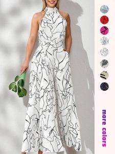 women's all over print pocket tie back halter neck jumpsuit, jumpsuit for women, overalls for women, chic casual sleeveless wide leg jumpsuit for summer, fashion ladies clothes for beach holiday vacation, womenswear, jumpsuits for women
