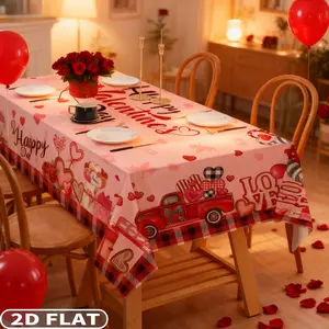 2D FLAT 1pc Valentine'S Day Polyester Party Tablecloth - 100% Polyester Machine Made Love & Hearts Design for Wedding, Anniversary - 55x87 Inch, Festive Table Setting, Durable Table Cover, Romantic Table Decor, Overlay Table Cover