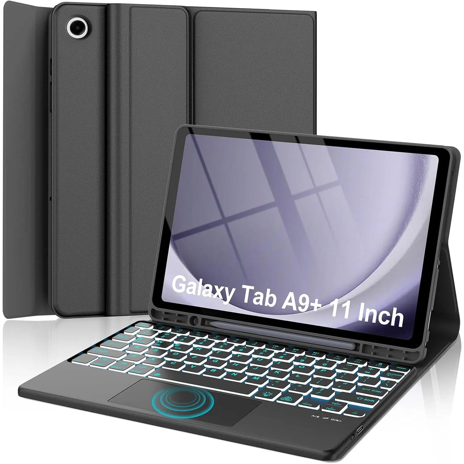 Galaxy Tab A9 Plus Case with Keyboard 11 inch, Touchpad, 7 Colors Backlit, Detachable Folio Keyboard Cover with S Pen Holder for  Galaxy Tab A9+ 11", Black