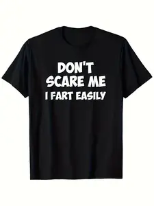 Humorous Don'T Frighten Me, I Pass Gas Easily Men'S T-Shirt in Black with White Fart Humor Print, Casual Short Sleeve Round Neck Tee, Machine Washable, Medium Stretch Fabric, Ideal for Fart Jokes Parties, Plus Size