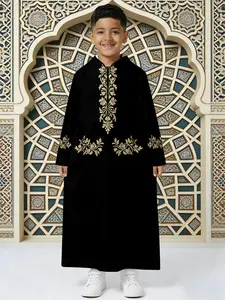 Boys' Moroccan Floral Embroidered Hooded Robe, Muslim Traditional Clothing, Elegant and Formal, Suitable for Prayer and Daily Use