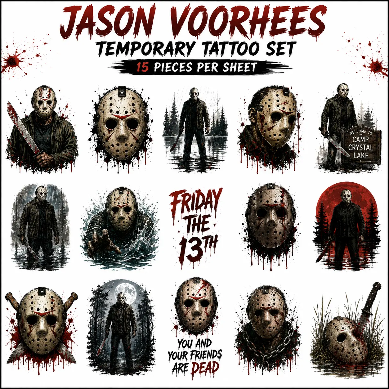 Jason Voorhees Temporary Tattoo Set, 15 Pieces, Halloween Horror Tattoos, Scary Mask Body Stickers, Horror Movie Inspired Temporary Tattoos for Adults & Teens, Halloween Party Costume Accessories