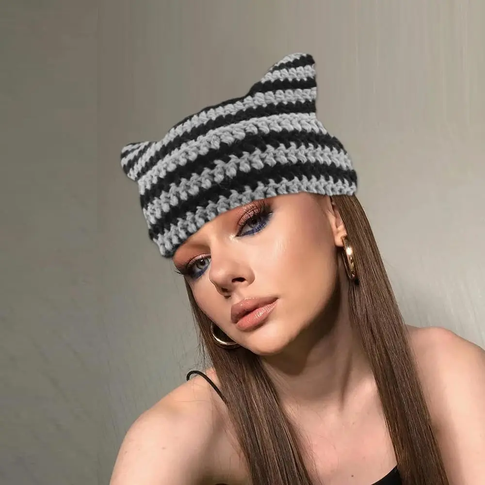 Cat Ear Beanie for Women Men - Crochet Knitted Hat With Ears  display picture 3
