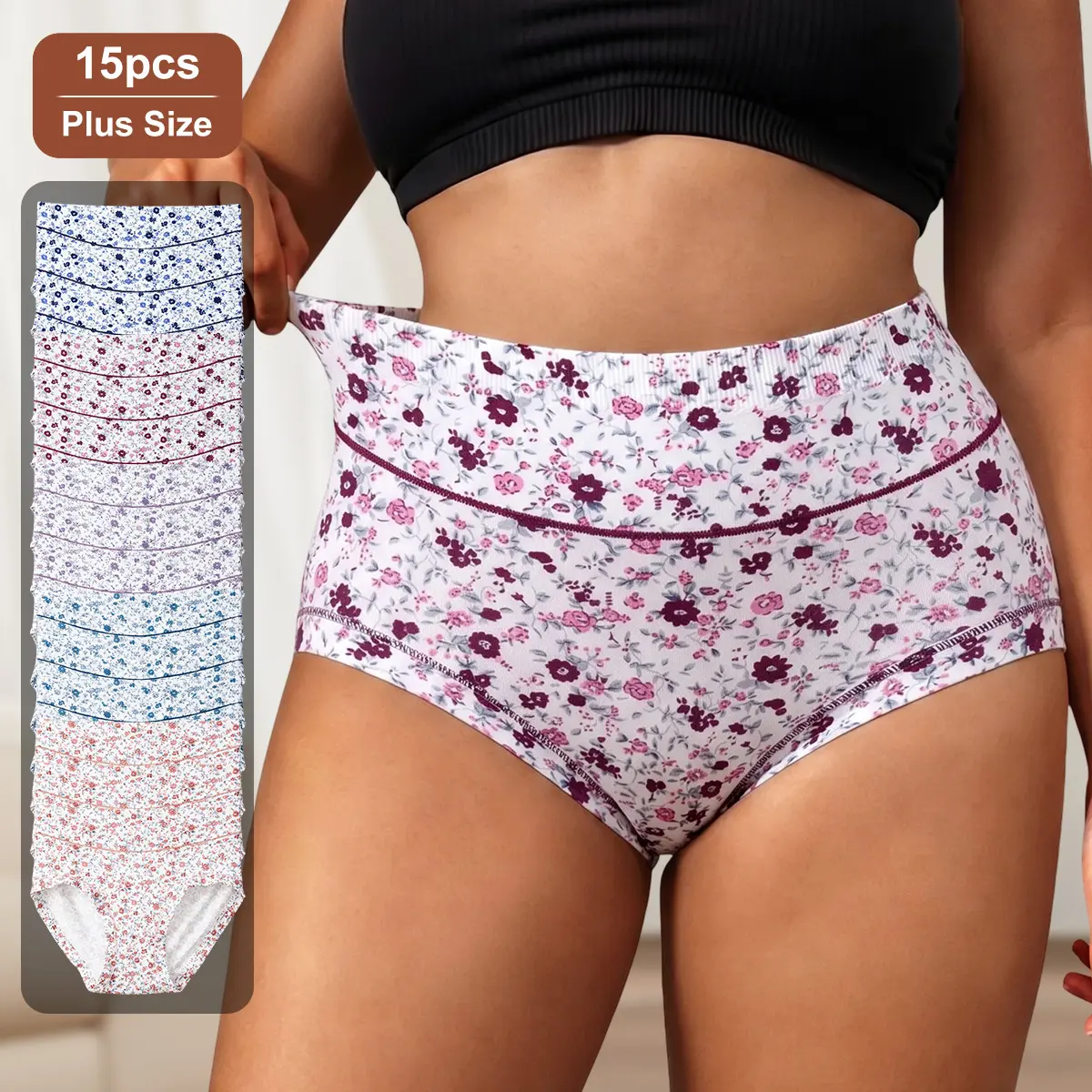 15-Pack Women's Plus Size Floral Underwear – Stock Up on Soft Breathable Full-Coverage Briefs in Mixed Ditsy Prints, Sizes 1XL–4XL
