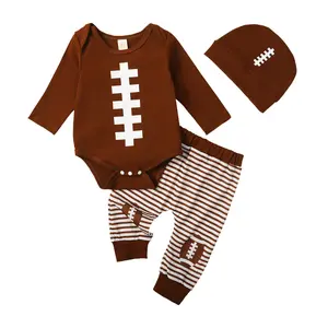 My First Game Day Clothes Newborn Baby Boy Football Outfit Long Sleeve Sweatshirt Romper Tops Elastic Waist Striped Jogger Pants with Beanie Hat