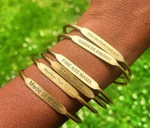 African Statement Jewelry Brass Affirmation Bangles Stackable Personalized Goldbangle Letter Link Bracelet Trendy Jewellery Accessories