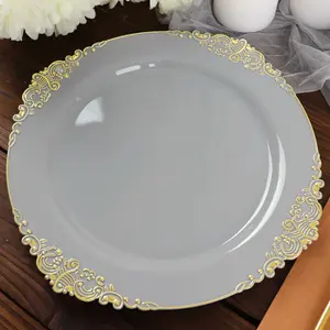 10-Pack Plastic Round Dinner Plates 10" Gray with Gold Leaf Embossed Rim - Vintage Baroque Style Disposable Plates
