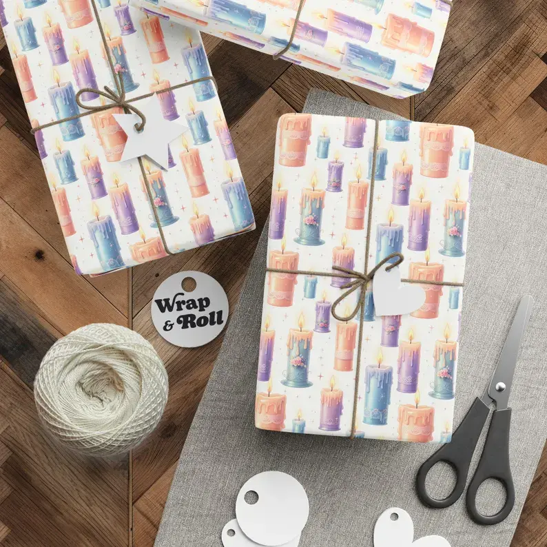 Aesthetic Candle Wrapping Paper Pastel Sparkle Gift Wrap Whimsical Self Care Stationery for Spa Day Birthday and Bridesmaid Proposals