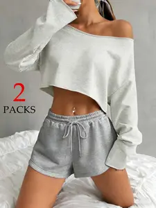 Women Solid Off-Shoulder Long Sleeve Crop Top & Shorts Two Piece Matching Set, Loose Fit, Soft Breathable Fabric, Perfect for Casual Outings, Home Relaxation & Lounging at Home