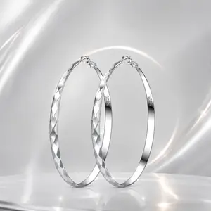 Women’s Large Silver Hoop Earrings, High Polish Diamond Cut S925 Plated Hoops, 4 Sizes (40-70mm) Lightweight Hypoallergenic Copper Base Hoops, Classic Statement Earrings for Daily, Party & Special Occasions, Fashion Jewelry Gift