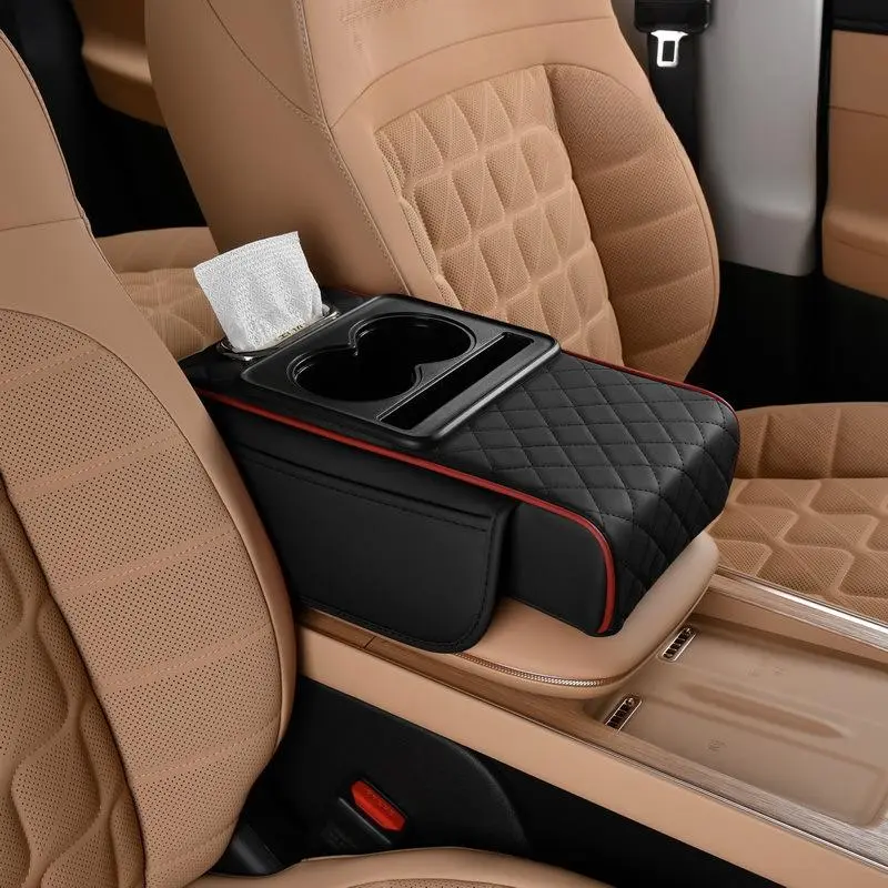 5-in-1 PU Leather Center Console Armrest Pad - Car Elbow Rest Cushion with Tissue Slot, Cup Holder, Dual Storage Pockets, Universal Protector for Stowing & Tidying Fits Most Sedans, SUVs, Trucks (BMW, Ford, Honda Compatible), Center Console Armrest Pad St