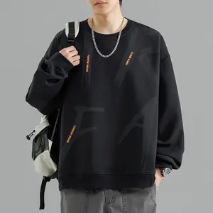 Men's Premium Faded Letter Print Round Neck Hoodie - Long Sleeve Brushed-Fleece Pullover, Orange Accent Text, Luxury Performance, Loose-Fit Breathable Menswear Top for Daily Commute, Fall-Winter Fashion