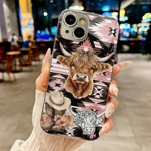 Western Style Highland Cow & Cowboy Print Phone Case for iPhone 17 AIR 17 PRO 16 PRO15 PRO MAX 14 PLUS 13 PRO 12 11 PRO XS MAX X XR Plus and Samsung Galaxy S22 to Galaxy S25 PLUS Ultra Shockproof Protective Cover Full Protection Anti-Drop