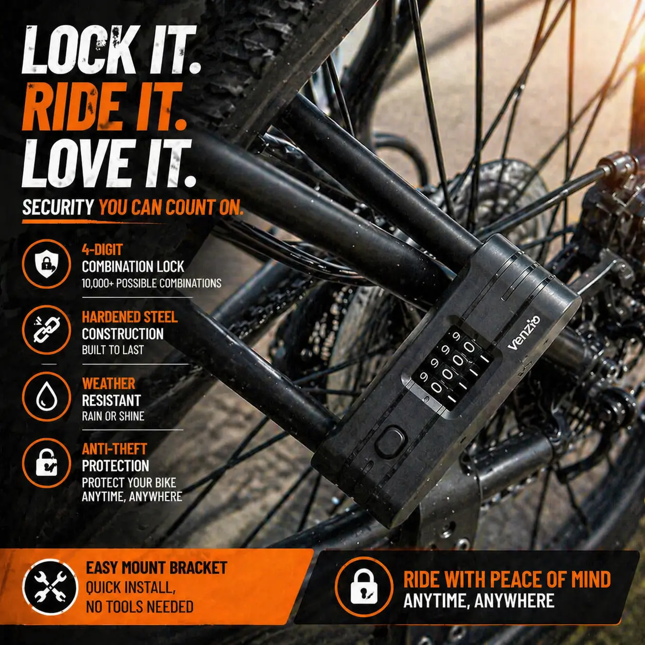 Venzio Bike Combination U Lock, Heavy-Duty Anti-Theft Protection 4-Digit Resettable Code 12mm Shackle with 2 mm PVC Coating, 4.88"x8.58" Keyless Lock for Daily Urban Use, Scooters, Motorcycles