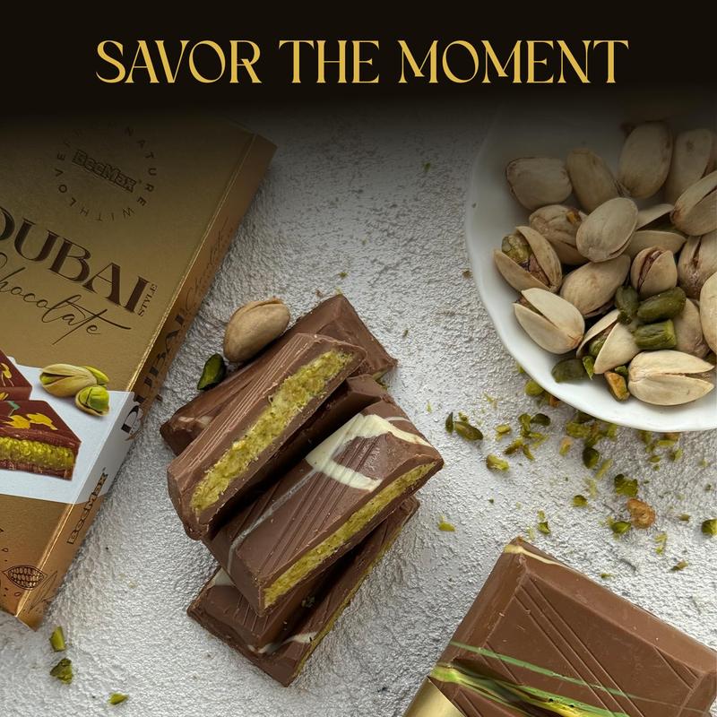 BeeMax Dubai Chocolate Bar 3.36 oz Premium Belgian Milk Chocolate with Golden Kadayif Tahini & Pistachios