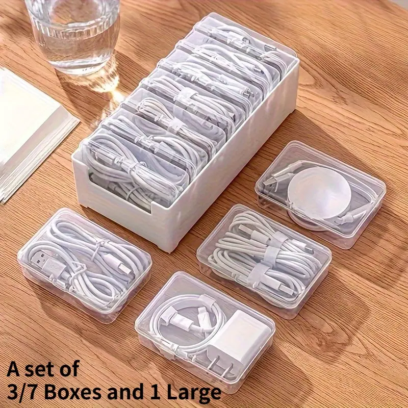 1 Set Of 3/7 Boxes Data Cable Storage Box Divided Compartments Artifact Charging Cable Mobile Charger Organizer Winder Desktop Cable Management Box, HEROBABY