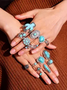 A set of 14 vintage Western style cool vintage gemstones inlaid with turquoise, cacti, carved flowers, sun face, multi-element women's rings, a set of daily wear, holiday party jewelry