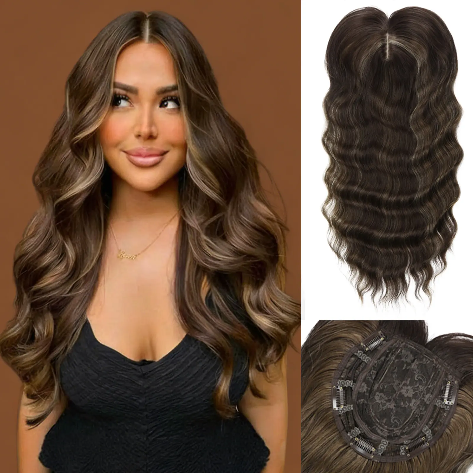 Wavy Hair Toppers for Women with Thinning Hair, 18 Inch Natural Color Toppers Hair Pieces for Women Wispy Part Clip in Bangs 360° 3D Synthetic Hair Breathable Hairpiece for Women