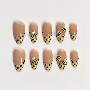 Cute 3D Little Bee Nails/Fall Cute Polka Dot Nails/Yellow Press on nails long nails