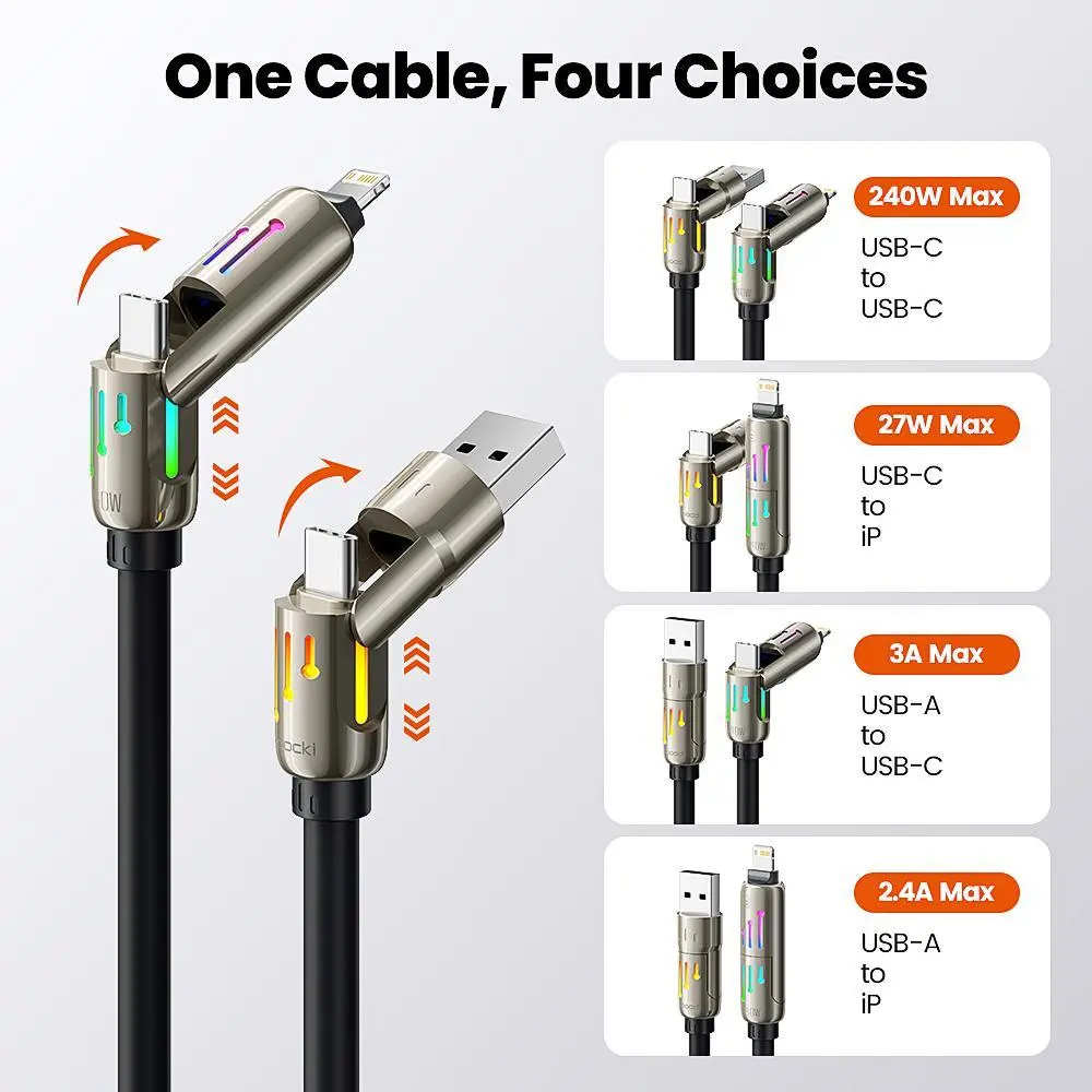 Toocki 4-in-1 Silicone Automatic Data Cable - 240W, 480Mbps, Waterproof, 6.6FT, Alloy, Durable, Type C Charging Sync Cable for iPhone, MacBook Mobile Devices