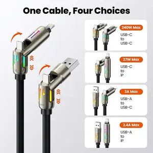Toocki 4-in-1 Data Cable 240W 480Mbps USB C to Lightning Cable 6.6FT for iPhone MacBook Samsung Switch 2 with RGB Light Port Charging