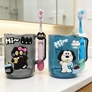 Cute Cartoon Cat Dog Couple Wash Cup Set, Durable Anti-Drop Toothbrush Holder, Travel & Party Essentials, Ideal Gift for Birthdays