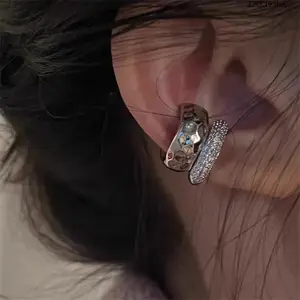 Double Layer Silver Ear Cuff, Hammered & Rhinestone Paved Clip On Earring, No Piercing Stackable Ear Jewelry for Women