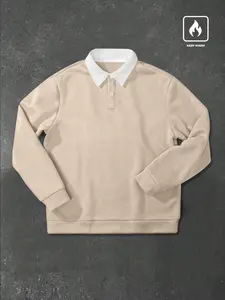 Men's loose-fitting casual plain long-sleeved sweatshirt with contrasting polo collar, autumn/winter style.